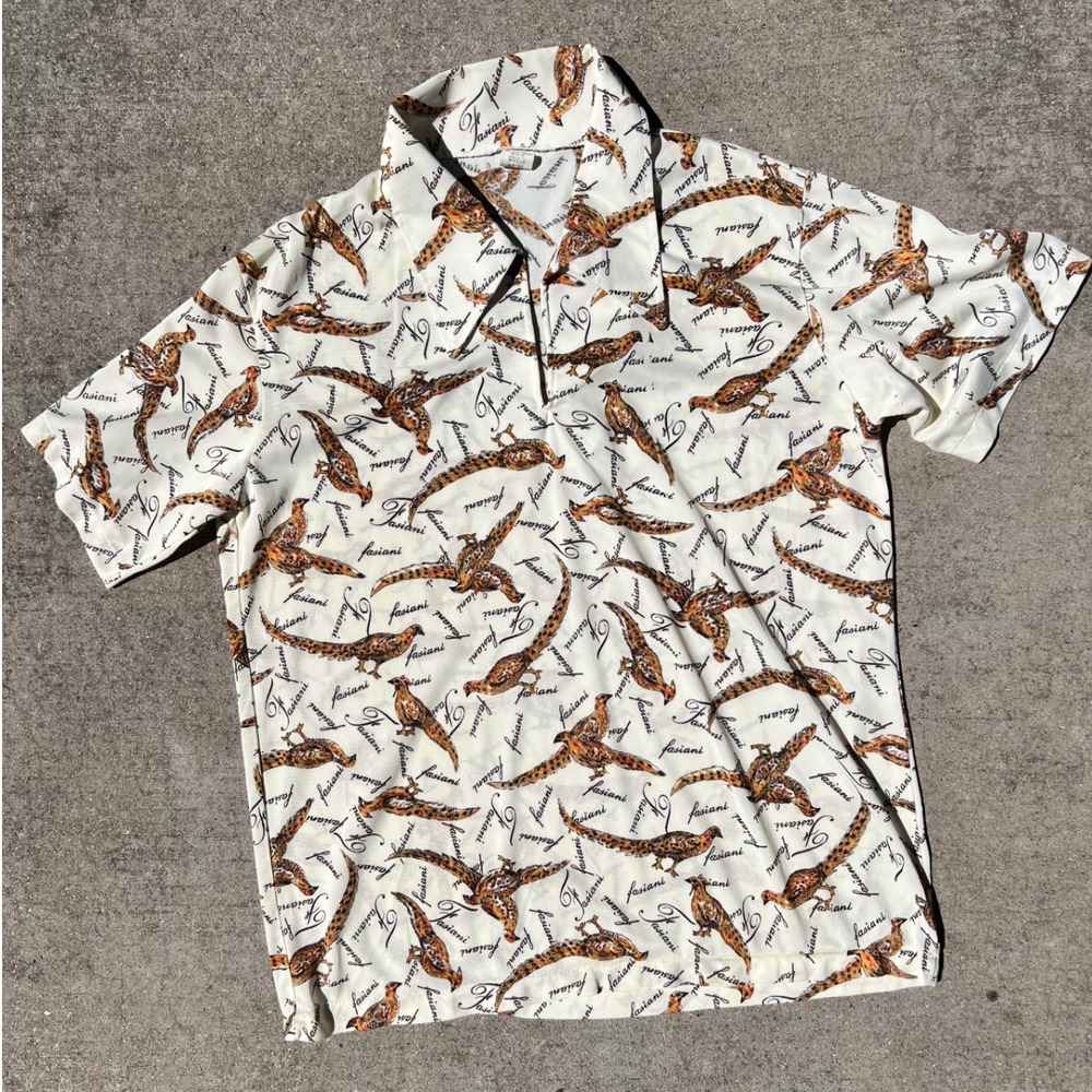Men's Pheasant Bird Print Short Sleeve Shirt‎ Resort Camp Style- L
